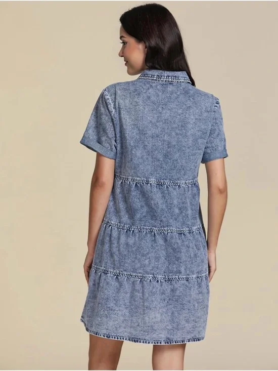 Denim Short Sleeve Button-Front Mini Dress / Medium - Picture 2 of 4